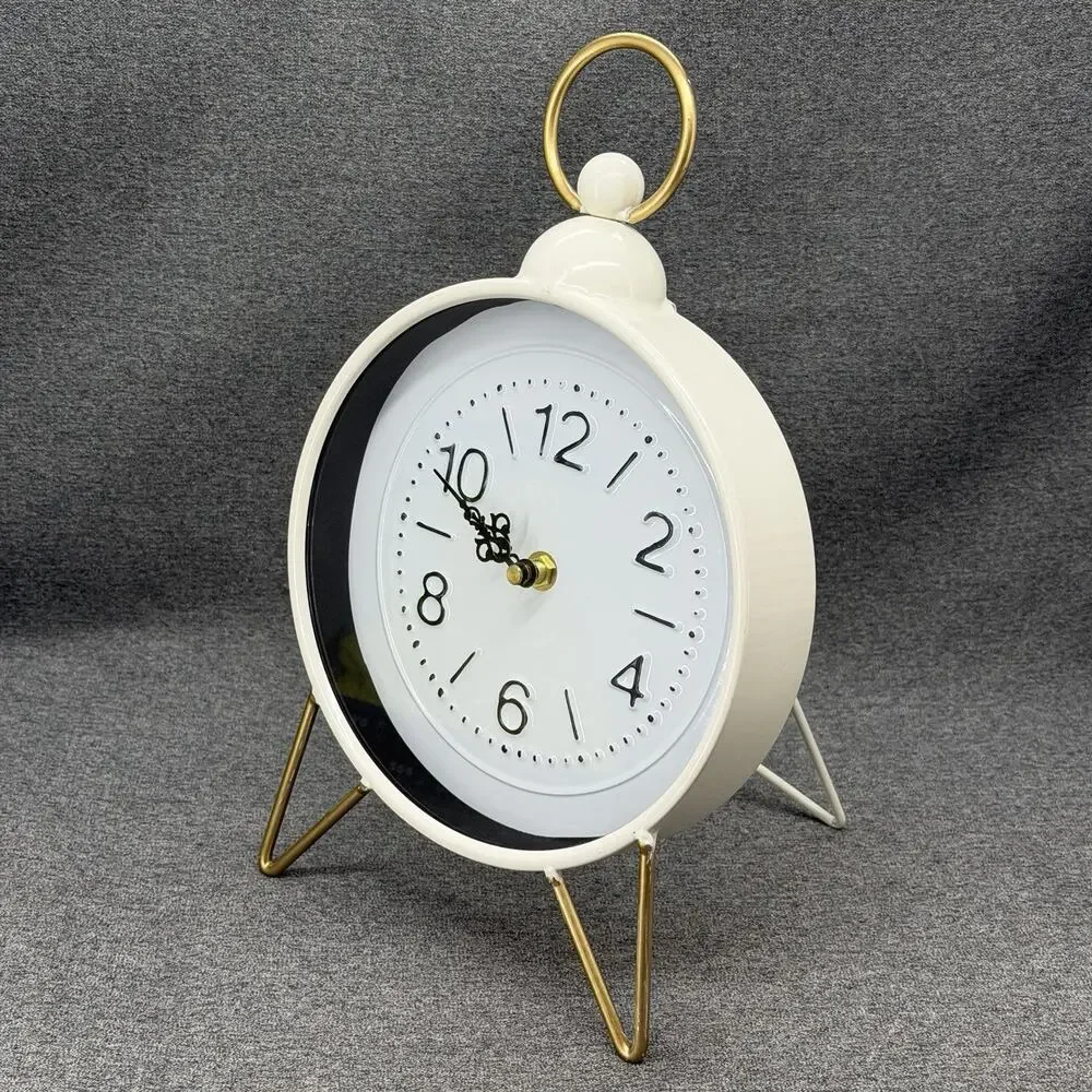 White Metal Clock Gold Accents Round Desktop Shelf Mantel Decor Battery Operated